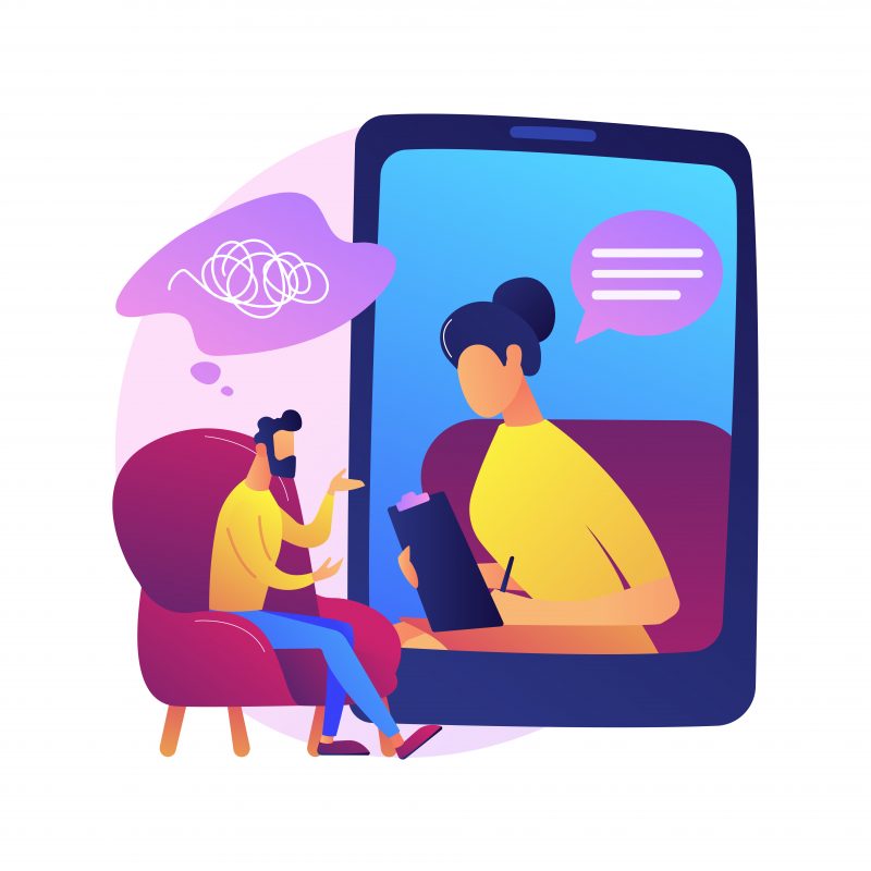Two people sitting in front of one another. One person is sitting on an armchair, arms up and a cloud sharing confused thoughts. The person listening is doing so from a telephone screen, taking notes of what the other person is saying.