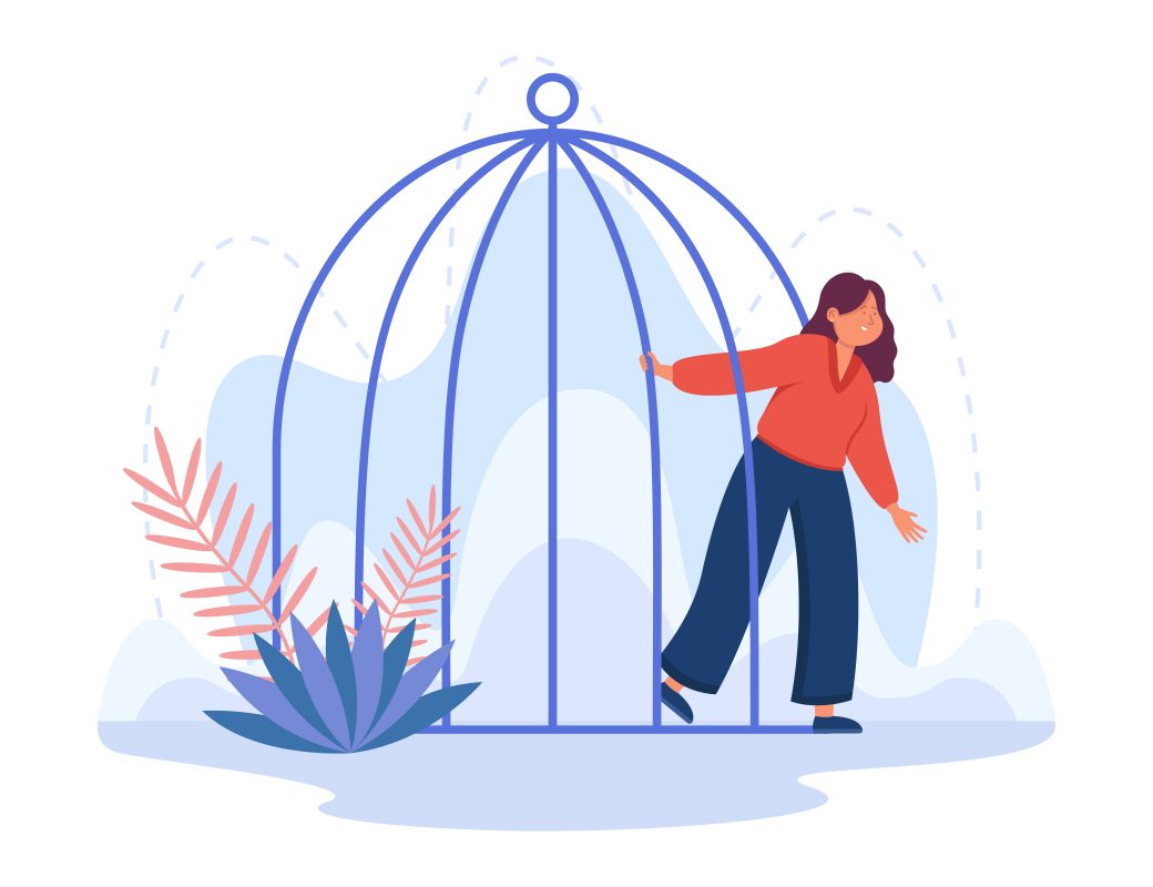 Drawing of a woman, smiling, exiting a bird cage.